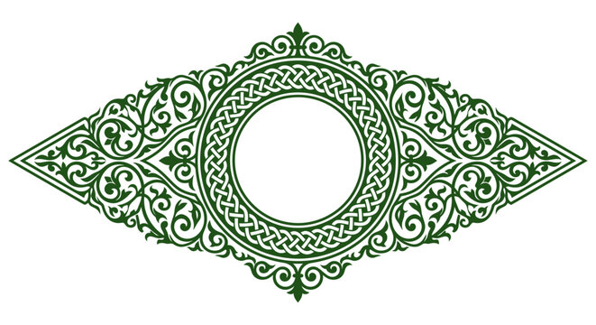 Vintage green ornamental frame vector, intricate celtic knot border with floral filigree, elegant symmetrical damask label for luxury branding