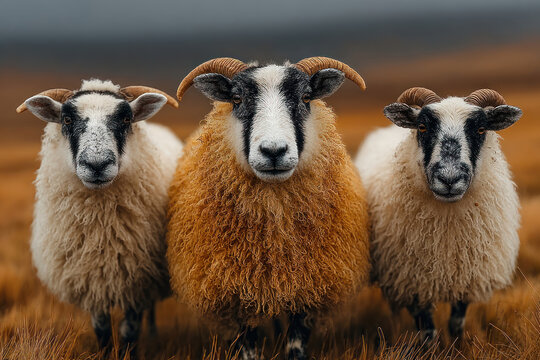 Three Horned Sheep Standing in Rural Meadow Portrait