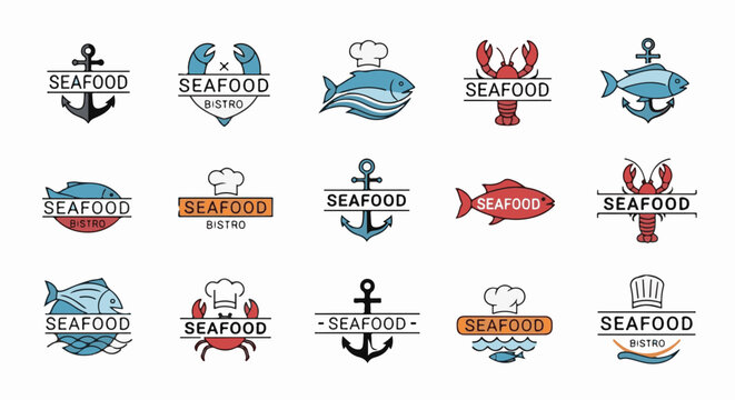 Collection of seafood restaurant logos featuring fish, crabs, lobsters, anchors, chef hats