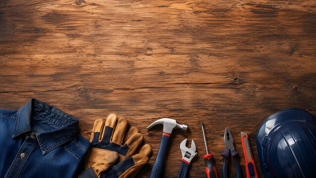 Construction tools and protective gear on wooden background
