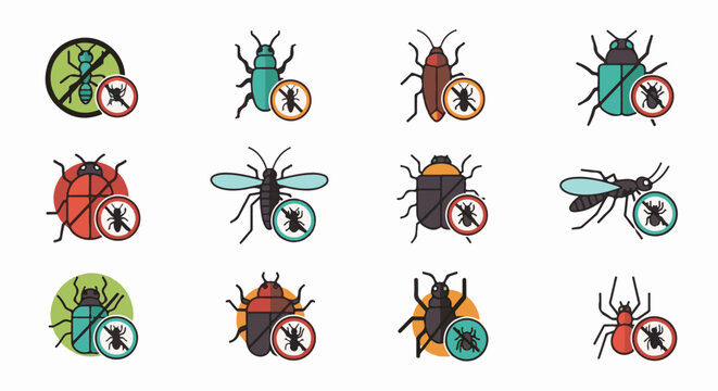 Collection of twelve cartoon icons depicting various insects with prohibition signs