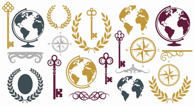 Collection of vintage globes, keys, compasses, and laurels