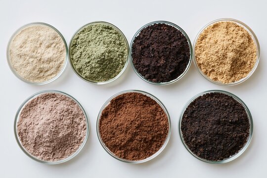 Overhead flat lay of various soil samples in glass containers arranged in a grid pattern on a white background for agricultural analysis and research purposes
