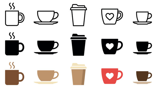 Collection of various coffee cups, mugs, and teacups depicting different styles and types of hot beverage containers in a clean, illustrative design.
