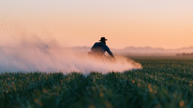 Farmer in blue shirt and hat spreading crushed grey silicate across green field at sunset, dust clouds rising in the background with mountains visible