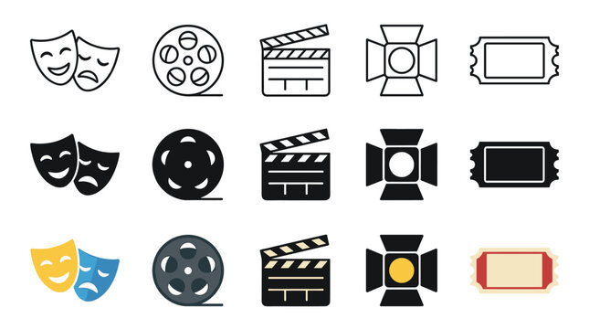 Movie theater film production entertainment industry vector icons are displayed as a versatile collection of symbols for various creative projects.