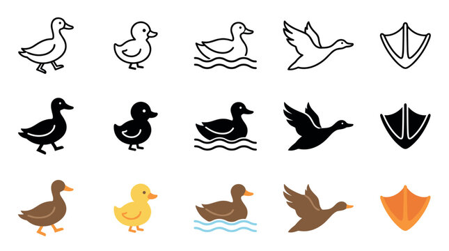 Ducks and ducklings icon set featuring various poses, including walking, swimming, flying, and webbed feet in outline, solid, and colored styles.