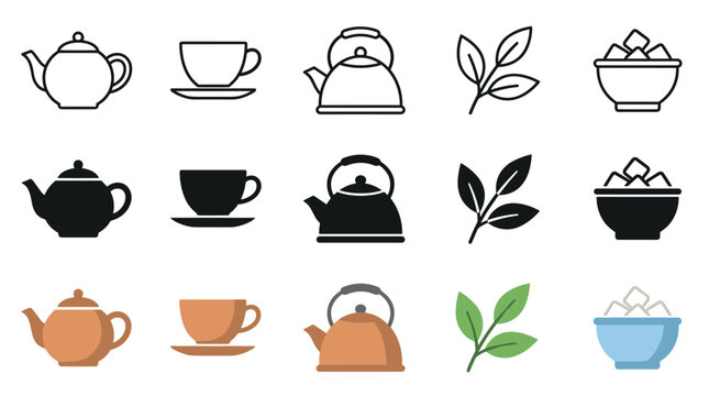 Teapots, teacups, kettles, tea leaves, and sugar bowls are presented as a versatile icon set in outline, solid, and flat color styles.