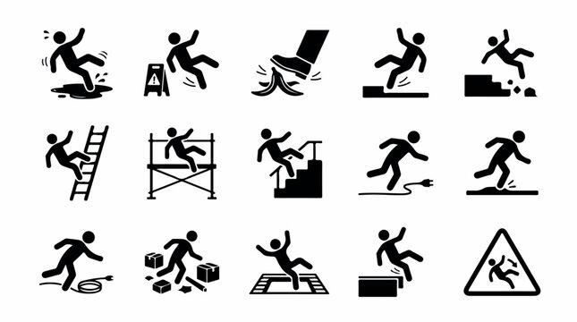 Workplace safety icons set, 15 black vector pictograms of slip trip and fall accidents, industrial hazard and injury warning signs for occupational health