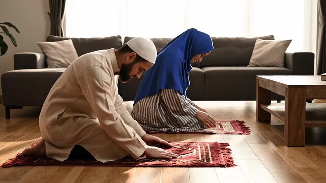 Muslim Couple Praying Together on Prayer Rugs in a Bright Modern Living Room at Home.