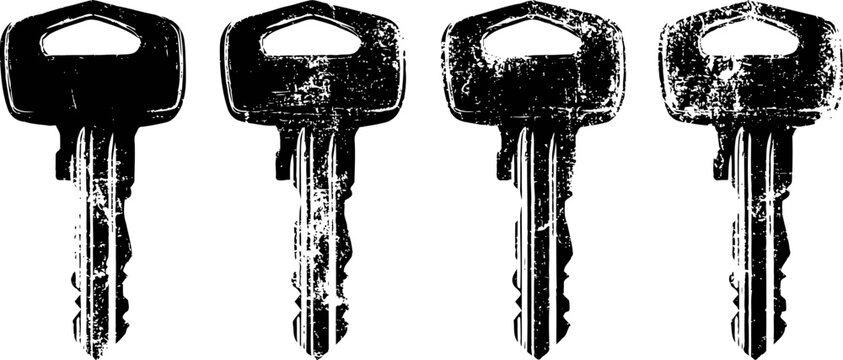 Four identical antique keys in a row with a worn texture and black silhouette