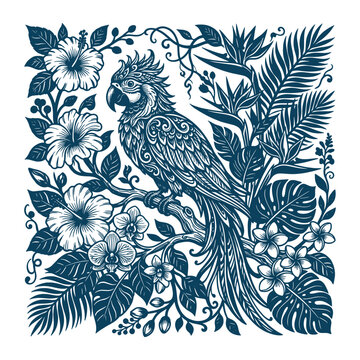 Tropical Parrot with Exotic Flowers and Jungle Foliage Line Art Vector Illustration