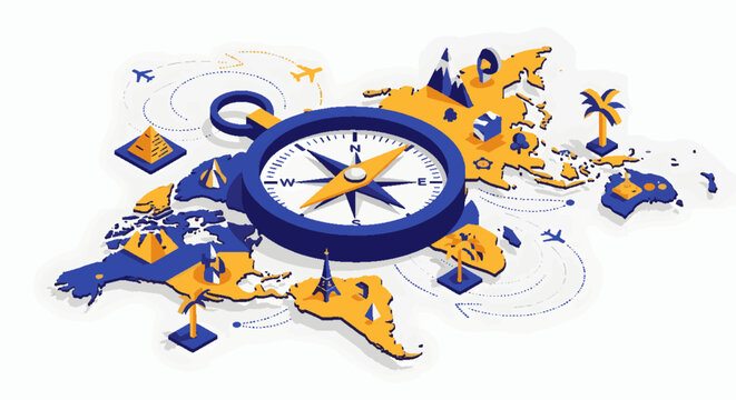 Global travel and exploration concept with a compass guiding through stylized continents and flight paths