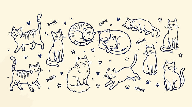 Cute hand drawn cats set, doodle style vector illustration of various kittens in different poses with fish bones and hearts