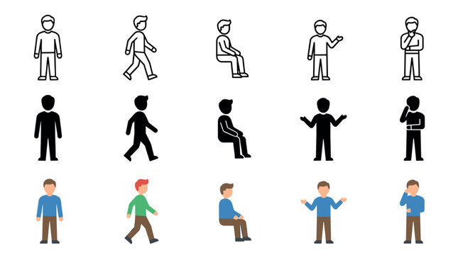 Human figures in various poses and styles including standing, walking, sitting, gesturing, and thinking, presented as a versatile icon set.