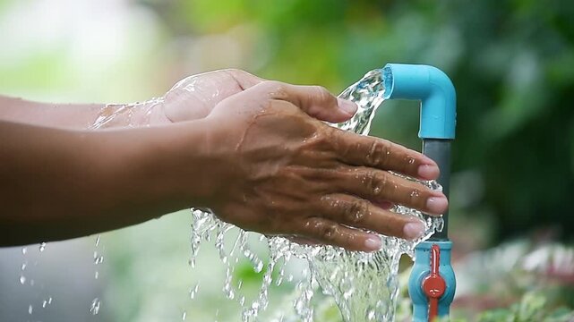 Washing hands with clean running water from a faucet in an outdoor setting, highlighting hygiene and the importance of water