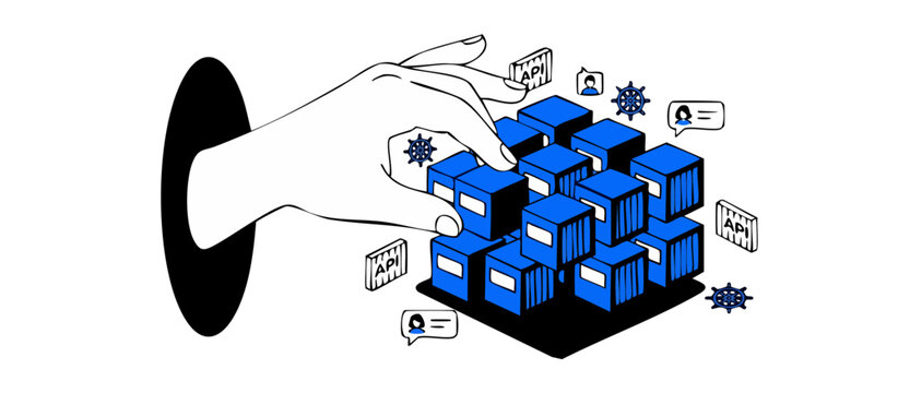 Software Container Management Orchestration System with API and Developer Icons. Hand arranging blue digital blocks for cloud computing infrastructure, microservices architecture, and DevOps deploymen