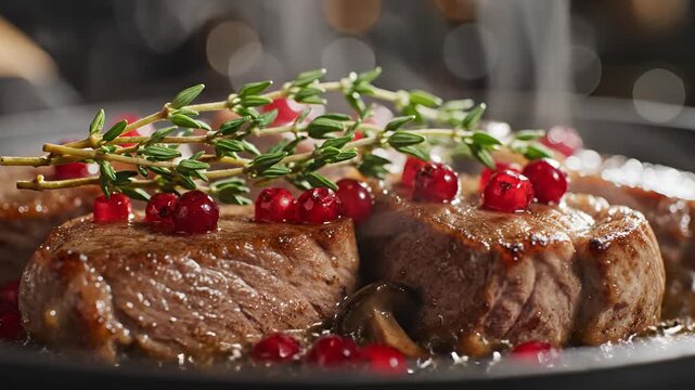Gourmet Steak Garnished with Fresh Cranberries and Herbs.