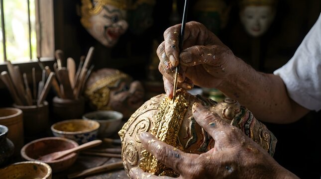 Master Craftsman Painting a Traditional Thai Khon Mask