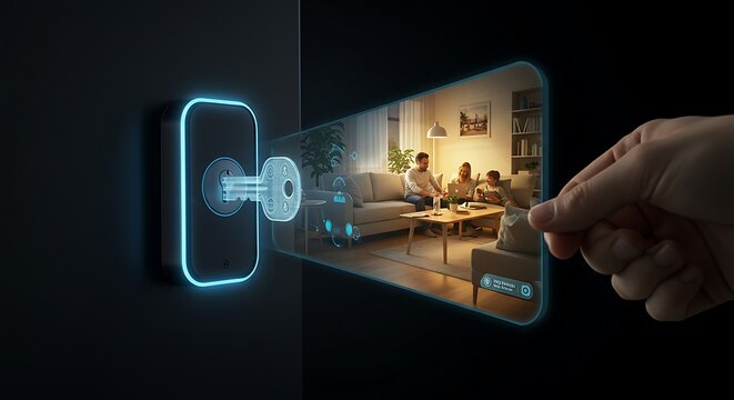 Conceito de tecnologia para casas inteligentes: controle de acesso e monitoramento digital da resid&ecirc;ncia.