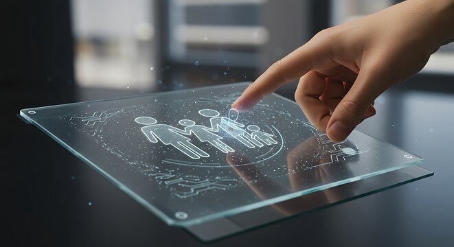 Uma pessoa toca no &iacute;cone da fam&iacute;lia em uma tela de interface digital futurista.