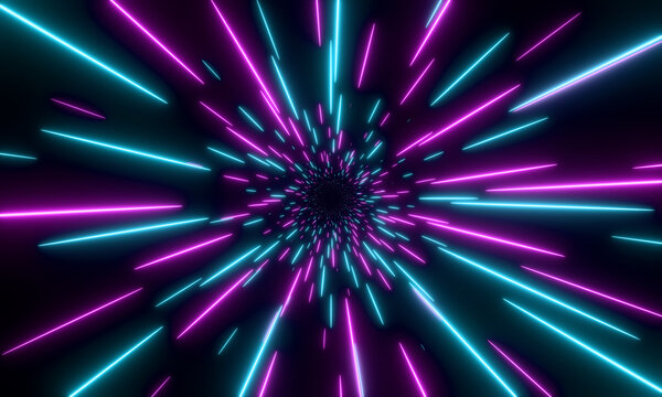 Abstract star field, hyperspeed tunnel in purple and blue, light beam, loop. Glowing light trails, futuristic, lines, illuminated, design, time travel, science fiction, flying through space.
