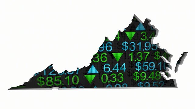 Virginia VA State Map Stock Market Ticker Economic Growth Investment Financial Outlook 3d Animation