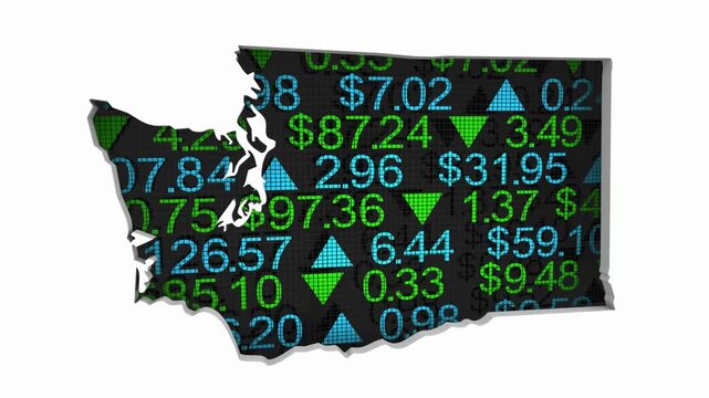 Washington WA State Map Stock Market Ticker Economic Growth Investment Financial Outlook 3d Animation