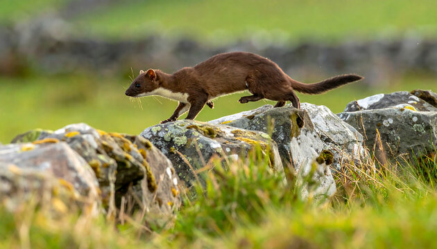 A small brown stoat with white markings on its chest scurrying across a mossy stone wall in the countryside