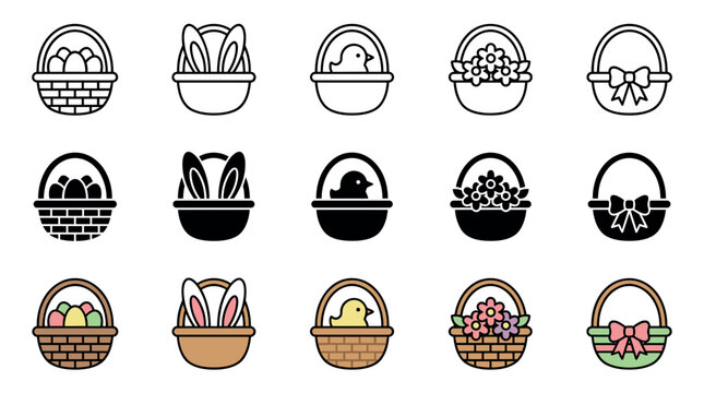 Collection of Easter baskets with festive holiday elements, including eggs, bunny ears, chicks, and flowers, presented as a set of colorful and monochrome vector icons.