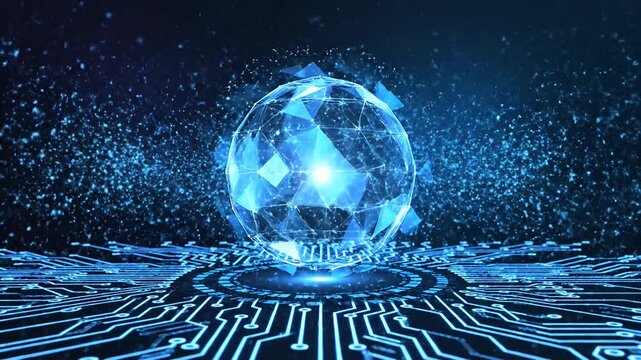 Abstract digital sphere with circuit board pattern in blue futuristic style