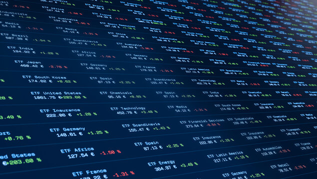 ETF trading board, exchange-traded fund, investment products, stock market and exchange. Wealth, growth, financial markets, making money, trading stocks, strategy.