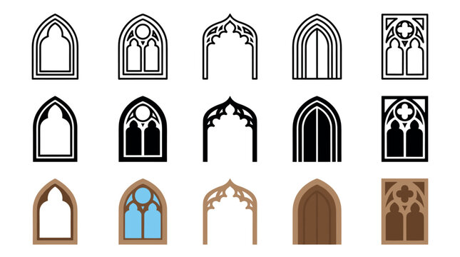 Gothic arches and windows in various styles and forms are depicted as vector icons, showcasing intricate architectural details and historical design elements.