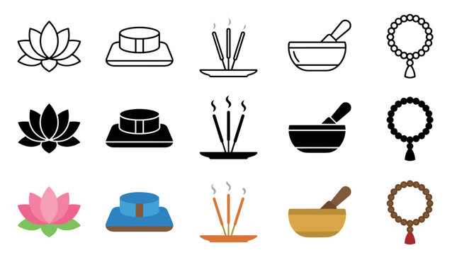 Buddhist meditation spiritual symbols and icons collection featuring lotus flower, incense, mala beads, cushion, and mortar pestle in various styles for design elements.