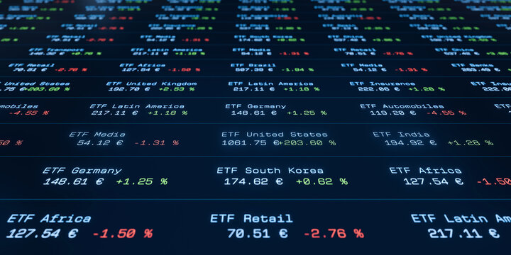 ETF trading board, exchange-traded fund, investment products, stock market and exchange. Wealth, growth, financial markets, making money, trading stocks, strategy.