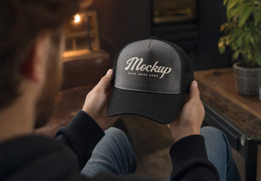 Trucker Hat Mockup Held by Man in Cozy Interior