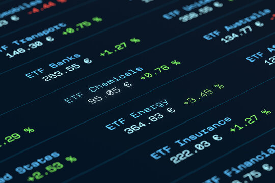 Close-up ETF trading board, exchange-traded fund, investment products, stock market and prices. Wealth, growth, financial markets, making money, trading stocks, strategy.