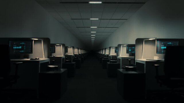 Dolly shot moving forward in a dark and empty office hallway with rows of computer workstations