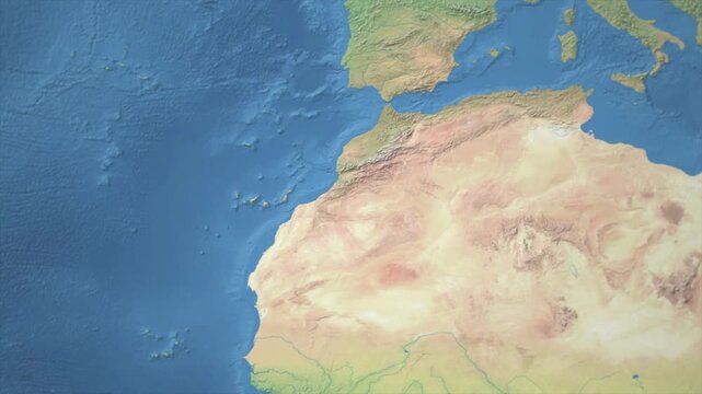 Cinematic Zoom from World Map to Morocco Terrain Map, Earth Navigation Animation
