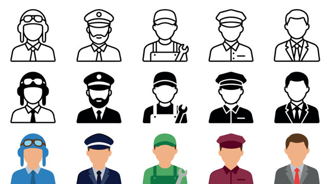 Professional avatar icons representing diverse occupations and service industries, including pilot, captain, mechanic, bellboy, and businessman, in outline, solid, and color styles.