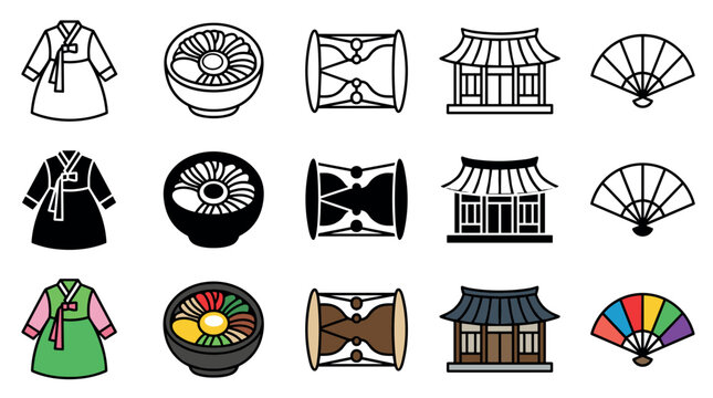 Traditional Korean cultural icons set featuring hanbok, bibimbap, janggu drum, hanok house, and traditional fan in outline, silhouette, and colored styles.