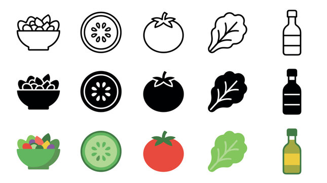Collection of fresh salad ingredients and healthy eating icons, including vegetables, a salad bowl, and dressing bottle in various visual styles.
