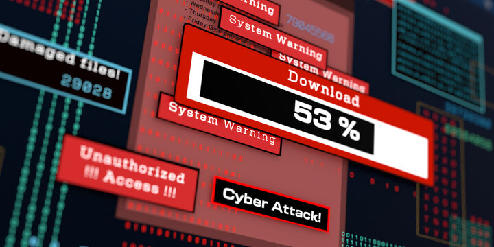 Computer screen with cyber crime warning signs, unauthorizes access and illegal download, system hacked. Computer crime, privacy, spyware, data breach, network security, firewall, encryption.