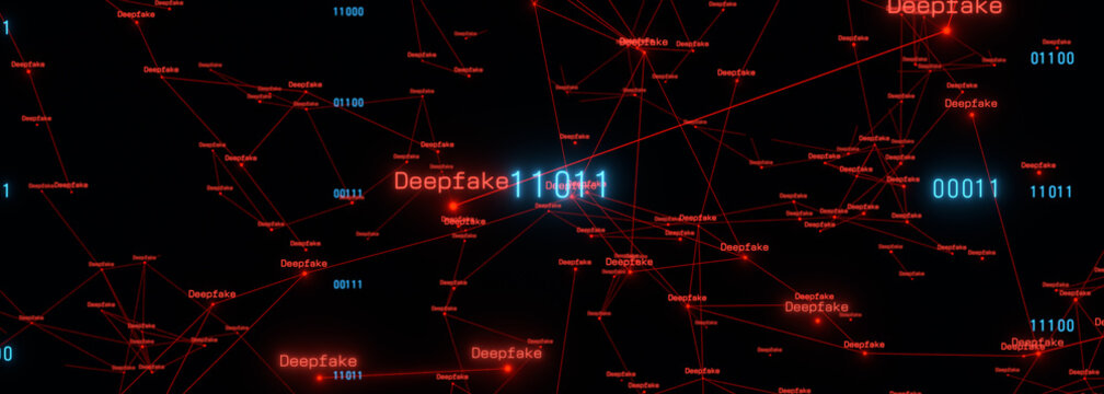 Deepfake, fake identity, red plexus connections with blue binary code, computer crime. Altered, fabricated, or falsified identity or information, manipulation.