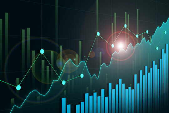 Abstract rising business chart, line graph and bar graph. Lens flairs and light effect in the image. Strong growing business, success, revenue or sales upward, progress, improvement, wealth.