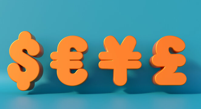 Orange currency symbol US dollar, Euro, Japanese yena and British pound against blue background. Currency signs, trading, stock market themes, currencies, exchange.