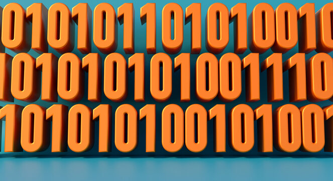 Orange binary code, one and zero in rows. Digital code, enryption, computer language, symbol.
