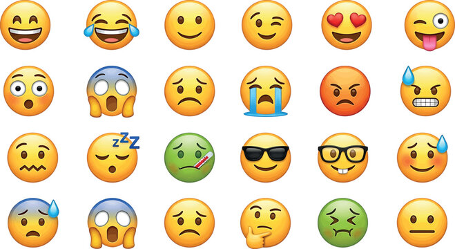 Set of various yellow emoji faces with different expressions and emotions
