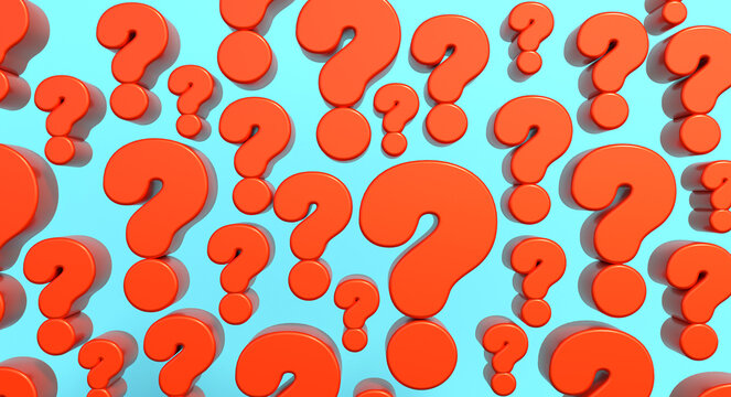 Orange question marks against blue background. Interrogation mark, character, punctuation mark, sentence, symbol, sign.