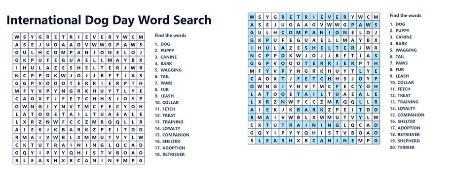 International dog day word search puzzle worksheet